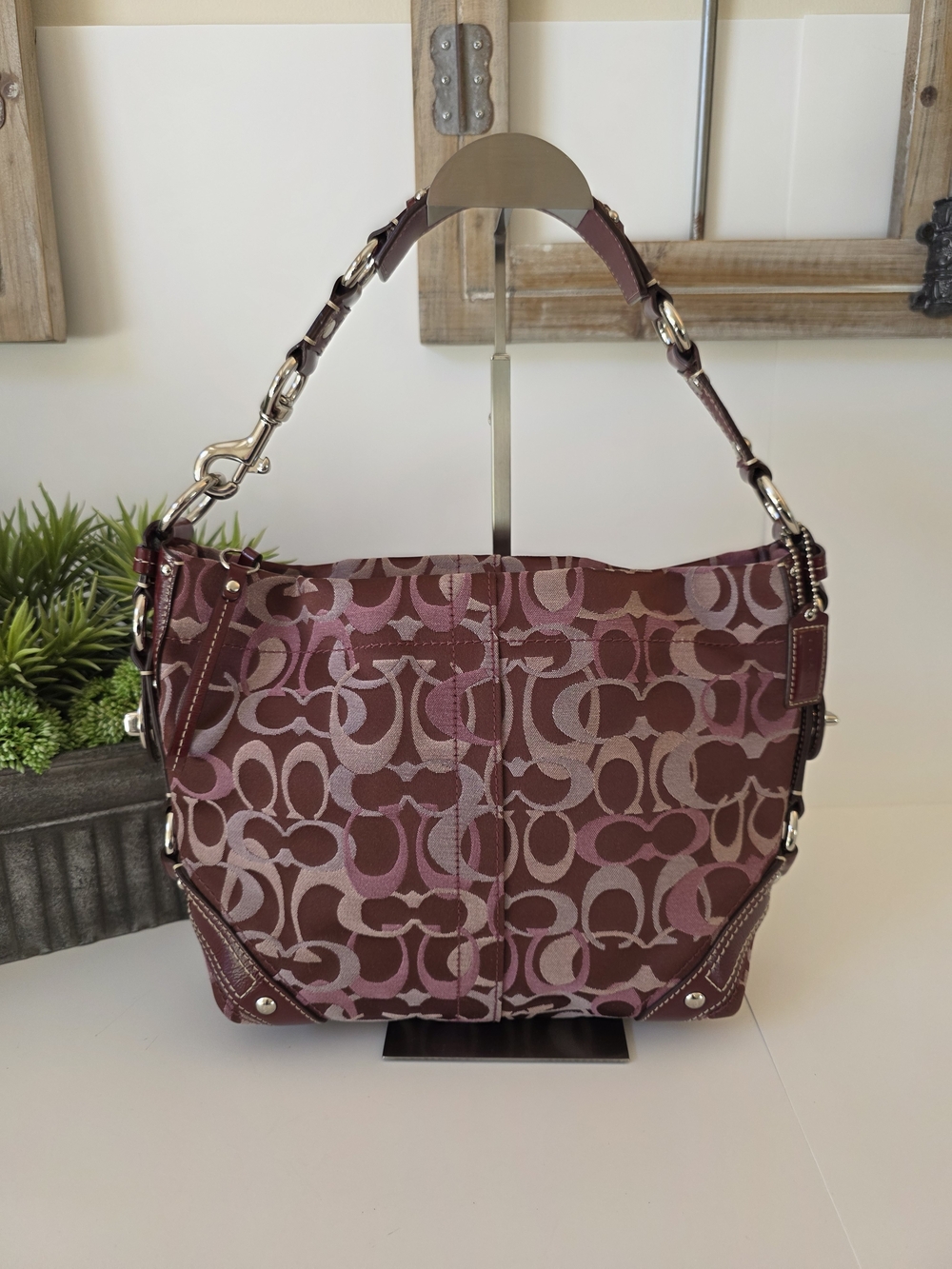 Coach Carly Optic Signature Hobo Bag Burgandy Pink Patent Leather